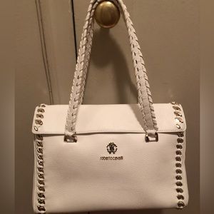 NWT Stunning Roberto Cavalli white leather shoulder bag w/ braided handles